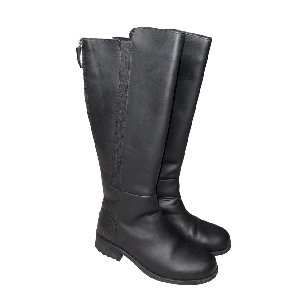 UGG Black Leather Tall Boots Back Zip‎ Elastic Gore Lug Sole Women US 8 EU 39